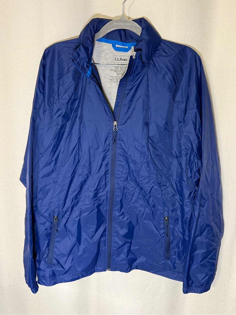 LL Bean Jacket Womens 1X Blue Jersey Lined Full Zip Hooded Windbreaker Rain Coat